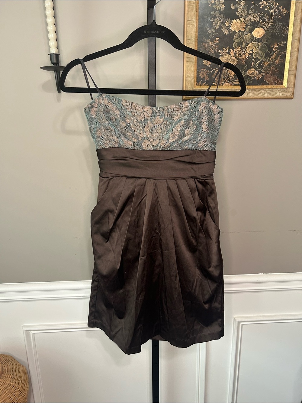 Mystic Strapless Mini Cocktail Dress Brown Pleated Satin Lace Size M